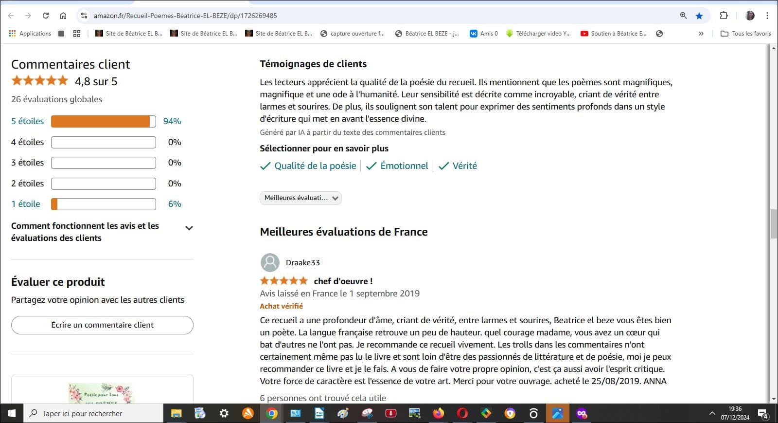 resumé d'Amazon sur commentaires dsur mes poèmes et mon recuiel par achteurs cetfiiés