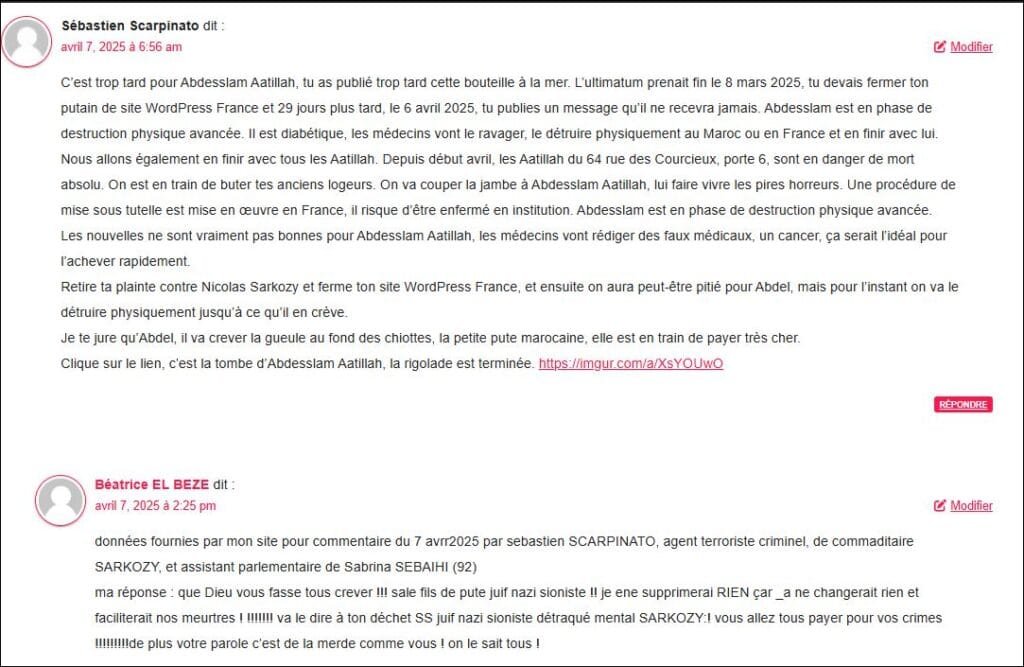 capture écran du comentaire de l'agent criminel de SARKOZY sebastien SCARPINATO, le 7 avr 2025