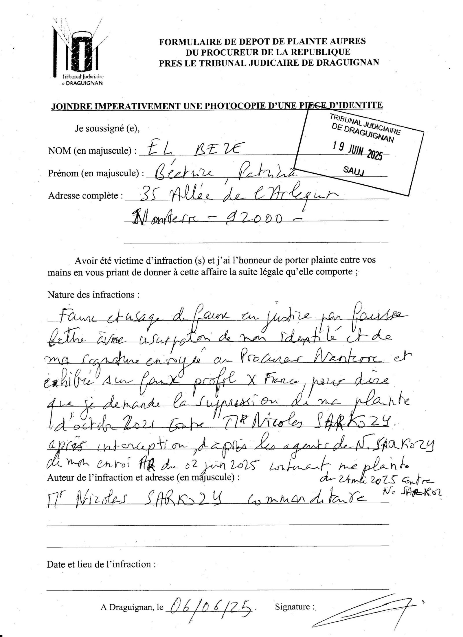 recepissé fasu et usage def asu plainte contre SARKOZY le posée le 19 juin 2025