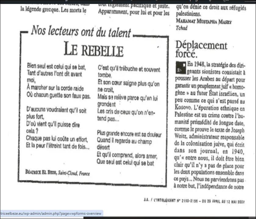 mo poème ' Le rebelle " que ai écrit en 1998 , et publié par Jeune Agrique L'Intelligent en avr 2022 agr