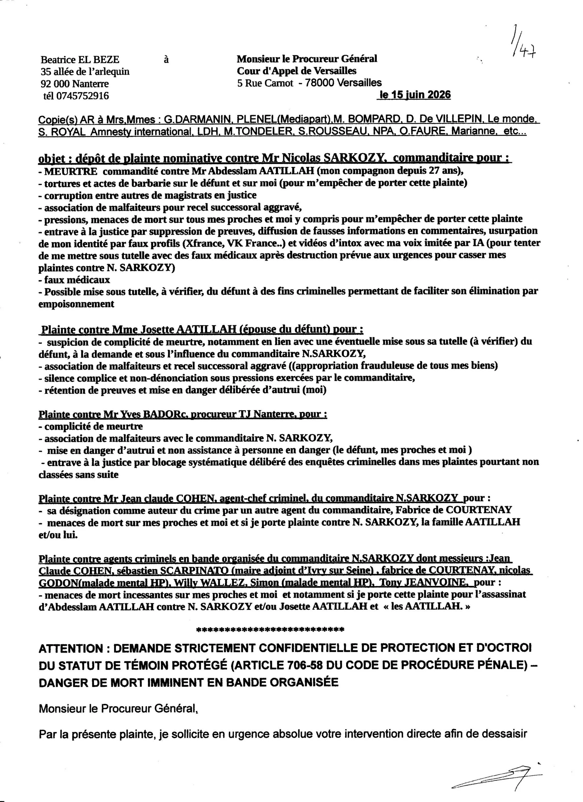 page 1 plainte contre SARKOZY pour meutre commandité 